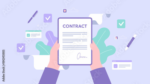 hands holding a digital tablet with a signed contract vector illustration, Digital Contract Review

