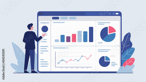 businessman analyzing a data dashboard with charts and graphs vector illustration