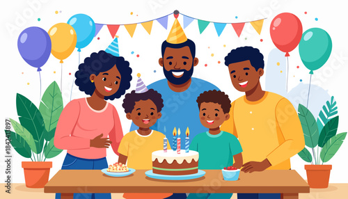 Joyful African American family celebrating a special birthday together at home with a delicious cake, colorful balloons, and festive party hats, sharing happy moments and creating lasting memories