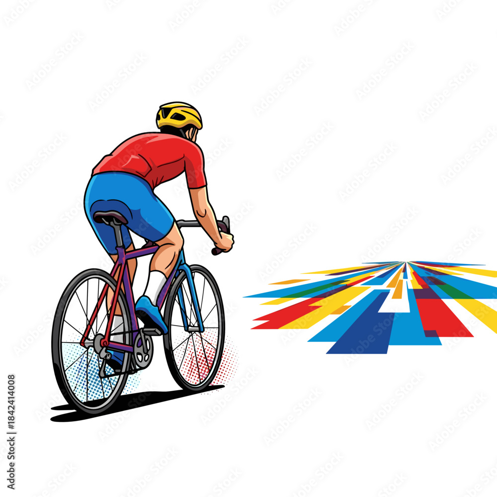 Fototapeta premium Cyclist riding on colorful path towards new opportunities in fitness