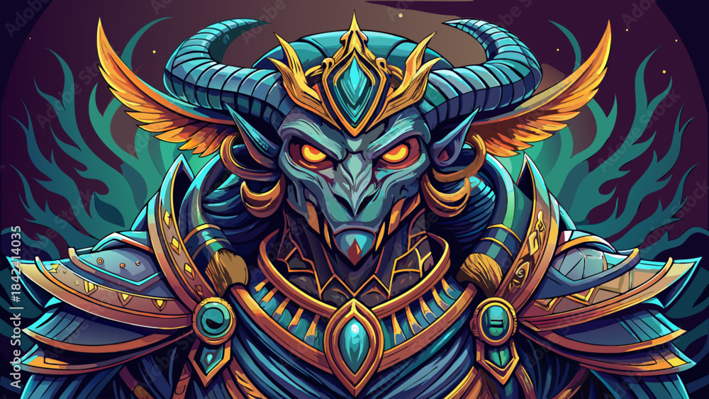 Obraz premium Very beautiful stylized depiction of a legendary horned creature from ancient folklore, featuring dramatic armor, mystical patterns, glowing eyes, and dynamic pose suitable for high-detail vector 