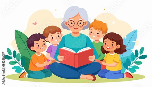 Charming illustration of a grandmother reading a storybook to an attentive group of young children
