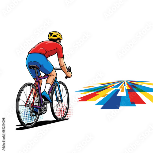 Cyclist riding on colorful path towards new opportunities in fitness  