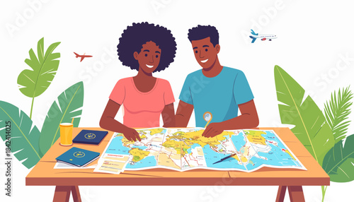 A young Black couple enthusiastically planning their next world travel adventure together with a map and passports