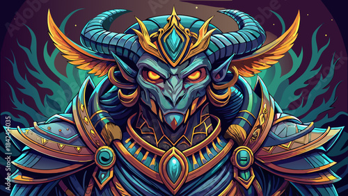 Very beautiful stylized depiction of a legendary horned creature from ancient folklore, featuring dramatic armor, mystical patterns, glowing eyes, and dynamic pose suitable for high-detail vector 