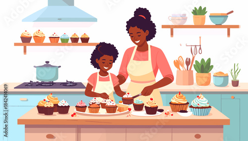 Joyful African American Mother and Daughter Baking Cupcakes Together in a Bright Kitchen, Creating Sweet Memories and Delicious Treats with Love and Laughter