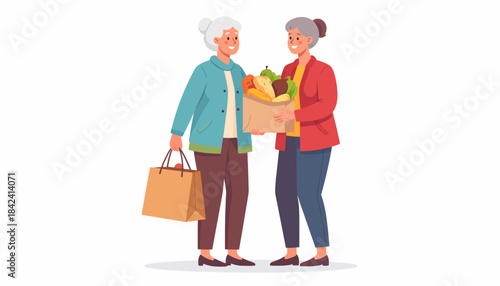 Two friendly senior women smiling and talking, one woman helping her elderly neighbor by carrying a grocery bag full of fresh food and produce