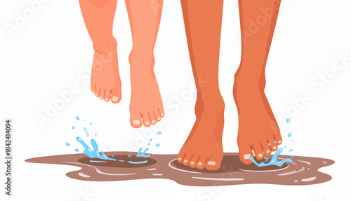 Two Pairs of Bare Feet Splashing in Muddy Puddles, Illustrating Playful Outdoor Activity