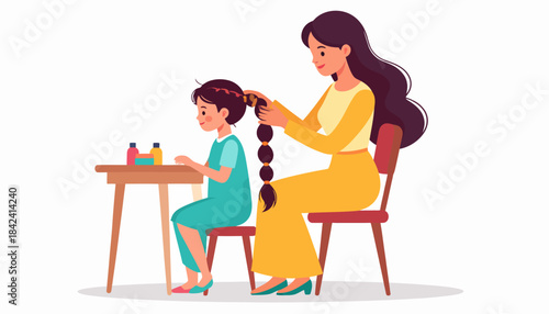 Hair Styling Session, Mother and Child, Home, Illustration, Cozy Atmosphere, Close-up View, Bonding Time
