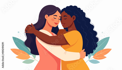 A heartfelt illustration of two women of different races sharing a warm hug, symbolizing friendship, sisterhood, and solidarity