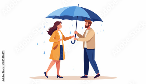 Caring man holding a blue umbrella to shelter a woman from the rain, a beautiful illustration of support, kindness, and empathy