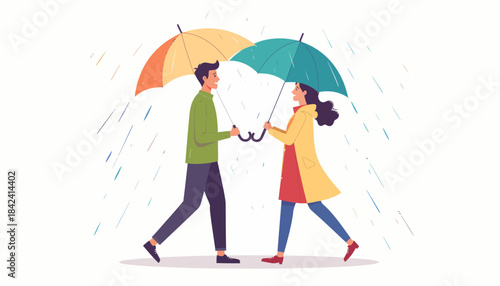 A Couple Sharing an Umbrella in the Rain, Illustration of Love and Companionship