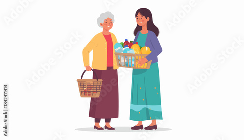 A compassionate young woman provides grocery assistance to a smiling elderly lady, representing volunteer work and community support