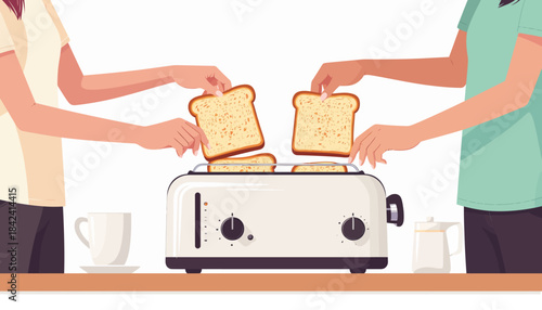 Morning Rituals A Couple's Hands Preparing Fresh, Golden Toast Together in a Modern Toaster for a Delicious and Cozy Breakfast Scene