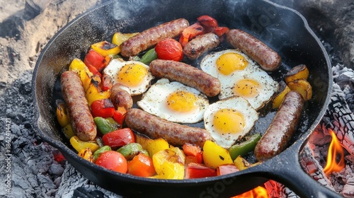 Campfire Cooking, Outdoor Breakfast. Campfire Breakfast. Eggs, Sausage, and Vegetables Sizzle in a Cast Iron Skillet Over an Open Fire