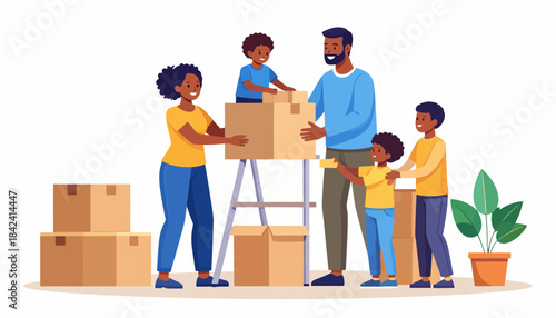 Happy African American family collaborating on moving day, unpacking cardboard boxes together in their new home, symbolizing teamwork and a fresh start in a diverse community