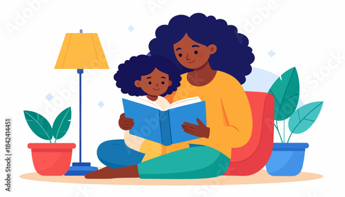 A mother and daughter enjoy a quiet moment reading a book together, surrounded by plants and a lamp, symbolizing family bonding and learning