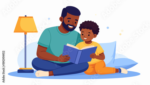 Father and son reading a book together, enjoying quality time and learning