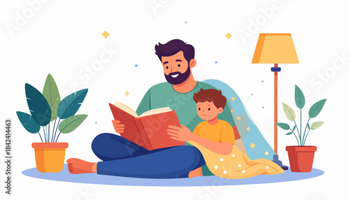 Heartwarming illustration of a loving father reading a captivating story to his son, symbolizing a cozy bonding moment, shared learning, and the joy of family connection