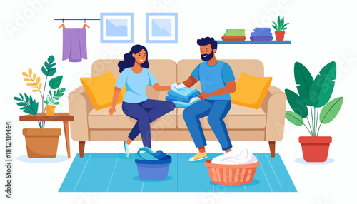 Couple Folding Laundry Together on Couch, Home Chores and Domestic Life Illustration