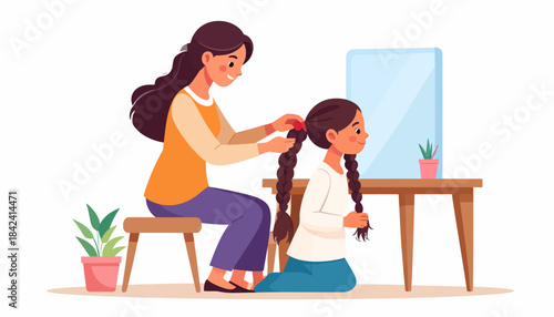 Loving mother gently braids her daughter's long hair, sharing a tender moment of care and bonding at home, illustrating family affection and daily routine