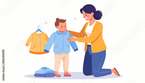 Mother helping her child get dressed, a heartwarming moment of care and childhood