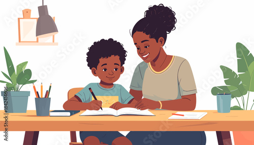 A heartwarming illustration of a Black mother and son bonding over homework, highlighting parental guidance and support in early childhood education