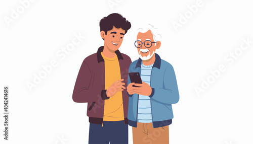 Young man helps an elderly senior with a smartphone, illustrating family connection and digital support