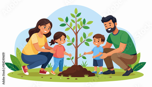 Joyful family with two children planting a young tree together in a vibrant green garden, symbolizing environmental care, growth, and a sustainable future