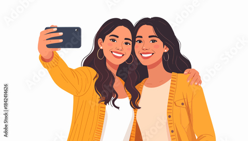 Two young women smiling and taking a selfie with a smartphone, capturing a happy moment together