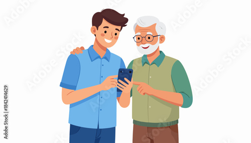 Supportive Young Man Guides Elderly Grandfather Through Smartphone Usage, Bridging Digital Divide with Patient Care and Connection
