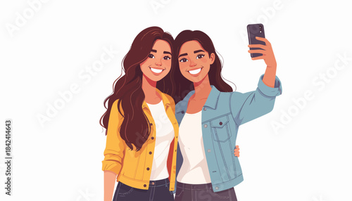 Two smiling young women taking a selfie together with a smartphone, capturing a happy moment