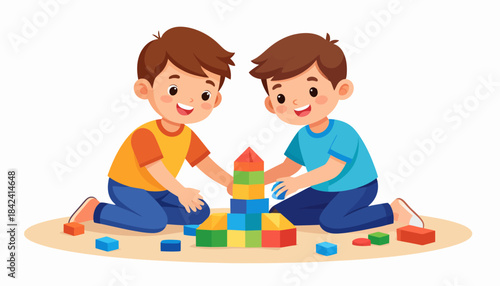 Two happy little boys building a colorful tower with toy blocks, an illustration of childhood friendship, creativity, and learning through play