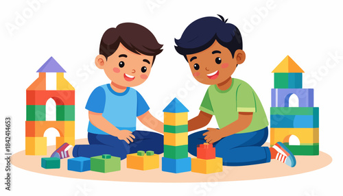 Two young boys are happily building towers and houses with colorful toy blocks, illustrating childhood fun and creativity