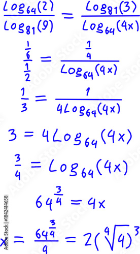 Detailed, handwritten step-by-step solution of a complex logarithm equation to find the variable 'x', written in black marker on a white board.