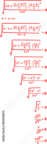 Handwritten red mathematical expressions showing step-by-step simplification of radical equations, ideal for educational, algebra, and STEM-focused learning materials.
