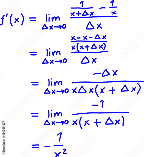 Handwritten blue calculus steps showing the derivative of 1/x using limits and algebraic simplification, ideal for educational, tutoring, and mathematical content.
