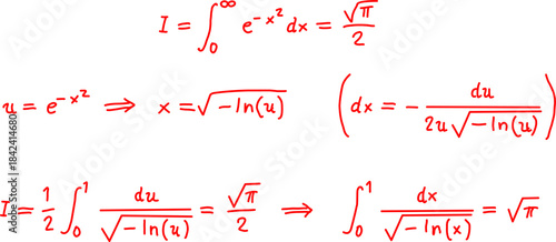 Handwritten red mathematical notes showing integral transformations, substitution steps, and calculus formulas on a white background, ideal for education and STEM content.
