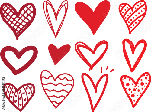 Set of red heart doodle element vector.