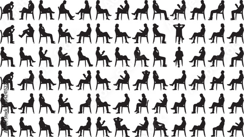 Extensive vector collection of diverse male and female silhouettes sitting in chairs, reading, resting, and using devices, ideal for representing leisure, audience, and quiet activity graphics.