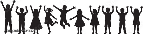 Cheerful group of diverse children silhouettes, jumping and standing with hands raised, celebrating freedom, fun, and happy youth on a white background.