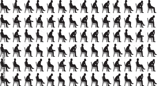 Extensive vector collection of diverse male and female silhouettes sitting in chairs, showing pensive, deep-thinking, and worried postures, ideal for representing stress or waiting periods.