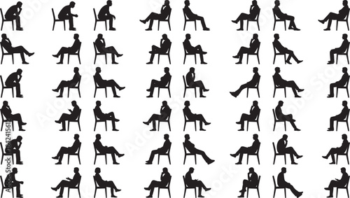 Extensive vector collection of diverse male and female silhouettes sitting in chairs, showing pensive, worried, or depressed postures, ideal for representing stress or waiting periods.