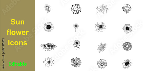Set of 16 Line Art Sunflower Icons, Ideal for Summer Marketing and Floral Graphic Design