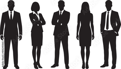 Five business people silhouettes in classic formal suits, standing in uniform poses, representing diverse corporate staff, leadership, and professional identity.