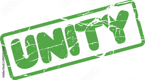 Classic green unity word mark with a distressed grunge rubber stamp appearance