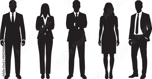 Diverse group of seven people silhouettes in various casual and professional attire, standing together, representing workforce, business, and community unity.