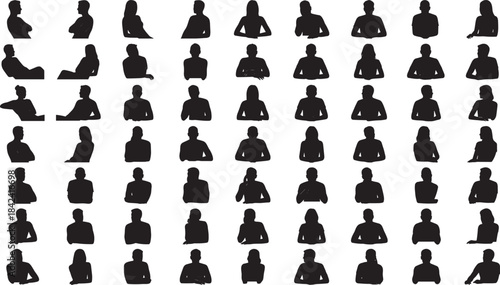 Massive vector grid of diverse male and female profile and bust silhouettes, representing large audience, social network users, and anonymous individuals or crowd.