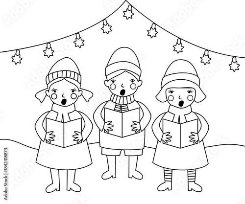Children's choir singing, Christmas themed line art coloring image.