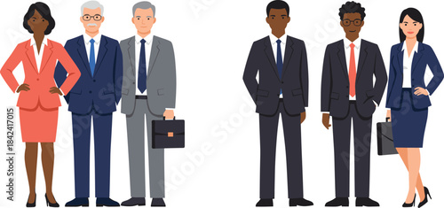 Corporate diversity illustration, professional attire character graphic, business team artwork, formal workplace design, cartoon executive visual set